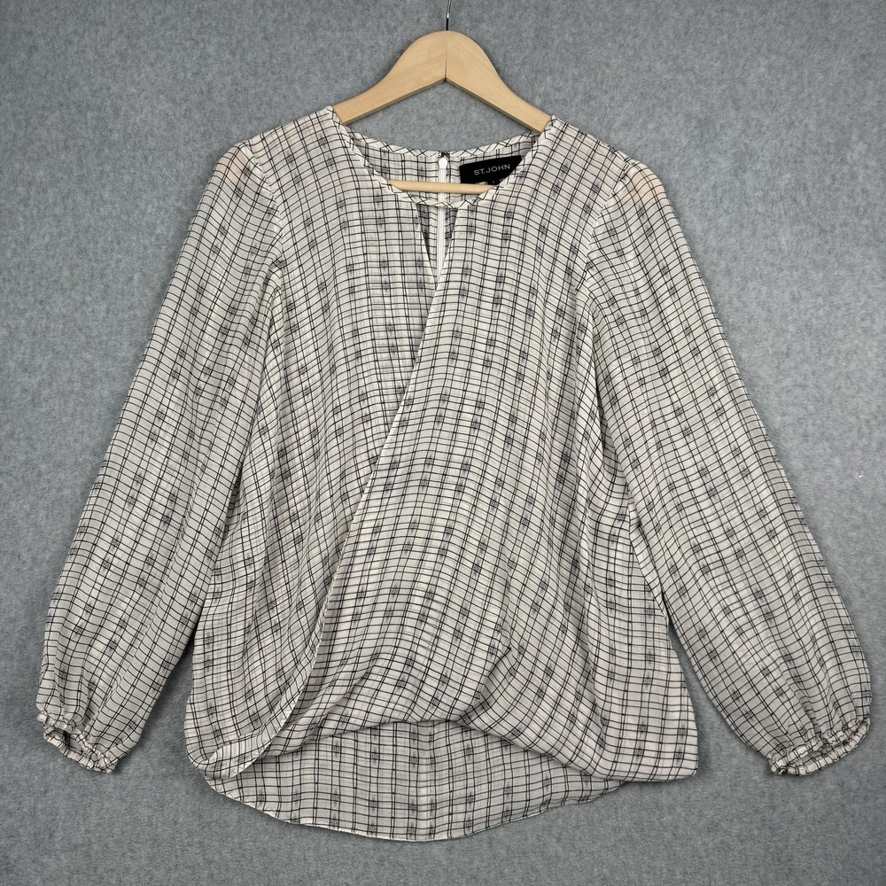 St. John Blouse Women 6 White Black Grid 100% Silk Faux Wrap Long Sleeve Flowy